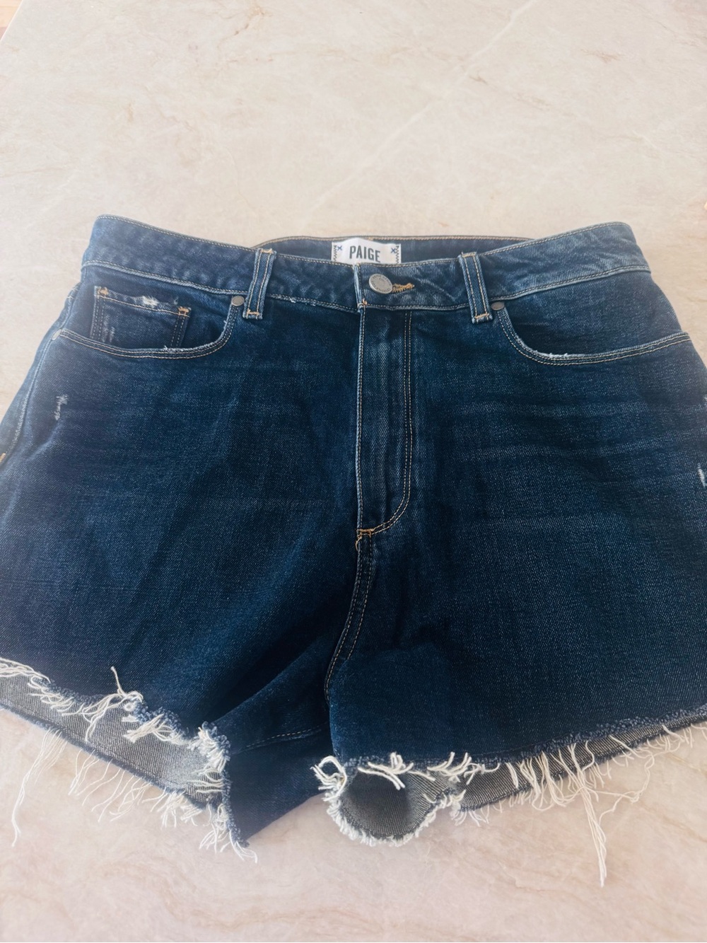 PAIGE Margot Shorts Size 31 Dark Wash Raw Hem Stretch Denim